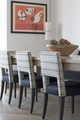 Tailored dining chairs in Aqua-toned Bow and Arrow fabric, design by TH2, photo by Olivia Karsenbarg